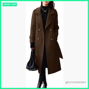 Women's Wool Pea Coat Double Breasted Belted Midi Long Winter Coat